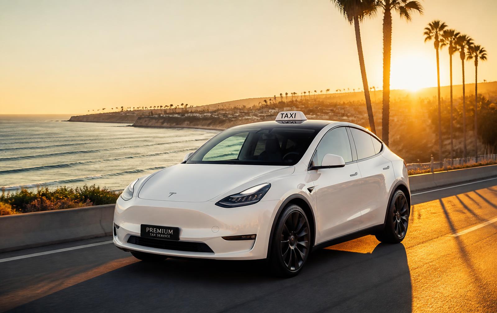 White Tesla premium taxi on a Southern California coastal highway at sunset